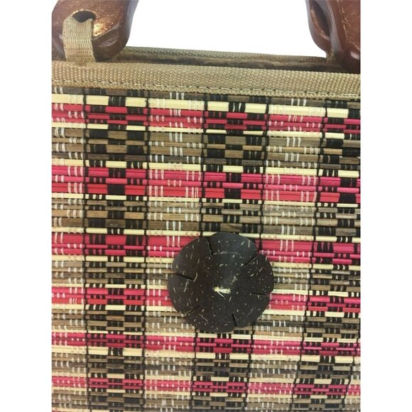 Mid Century Modern Handmade Purse Woven Straw Wood u Lined Wood Handle MCM u - Picture 9 of 11